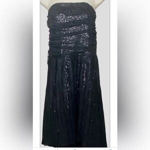 Express Women’s Strapless Sequined Dress 12 Black Silver Semi-Sheer Knee Length